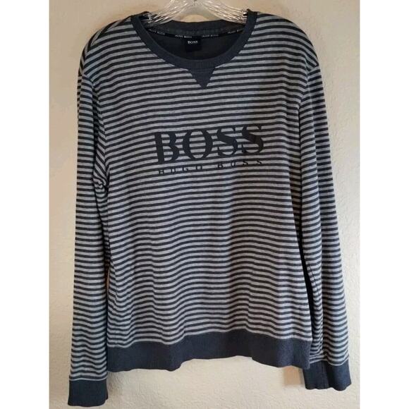 Hugo Boss Mens Pullover Navy Gray Striped Jumper Spellout Sweater Large ** - Picture 1 of 15